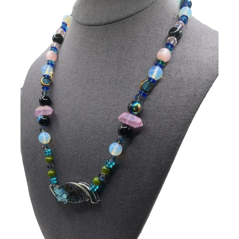 ❤️ Vintage Blue Hues Glass Beaded Abalone Pendant Retro Necklace - Picture 2 of 5